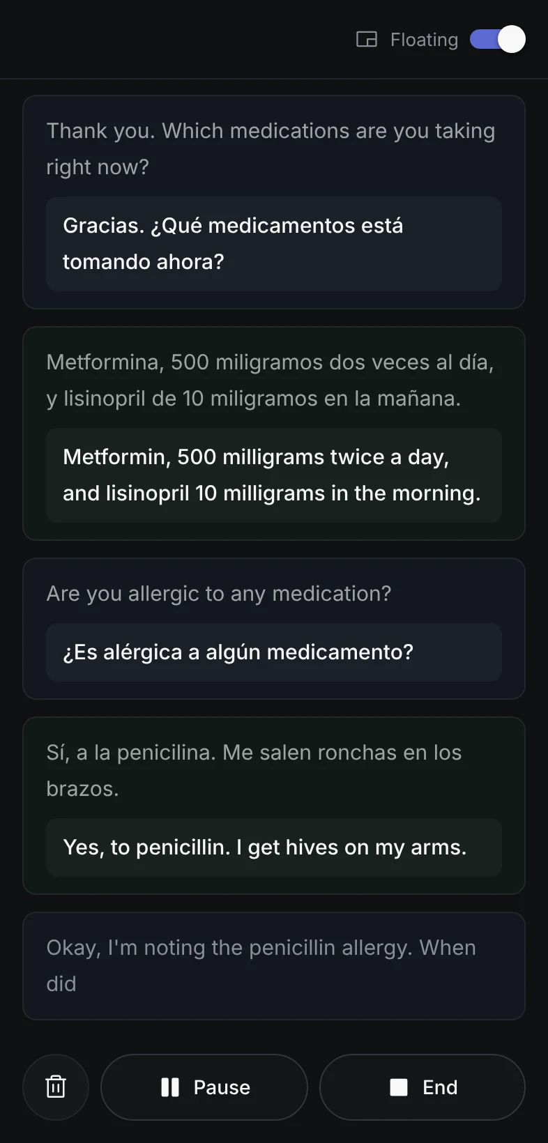 The Android app during a live call: captions with their translations, Floating turned on, and Pause and End below