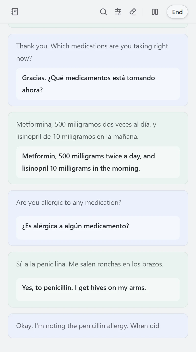 The Interpreter side panel in Chrome during a live call, each caption with its translation below it